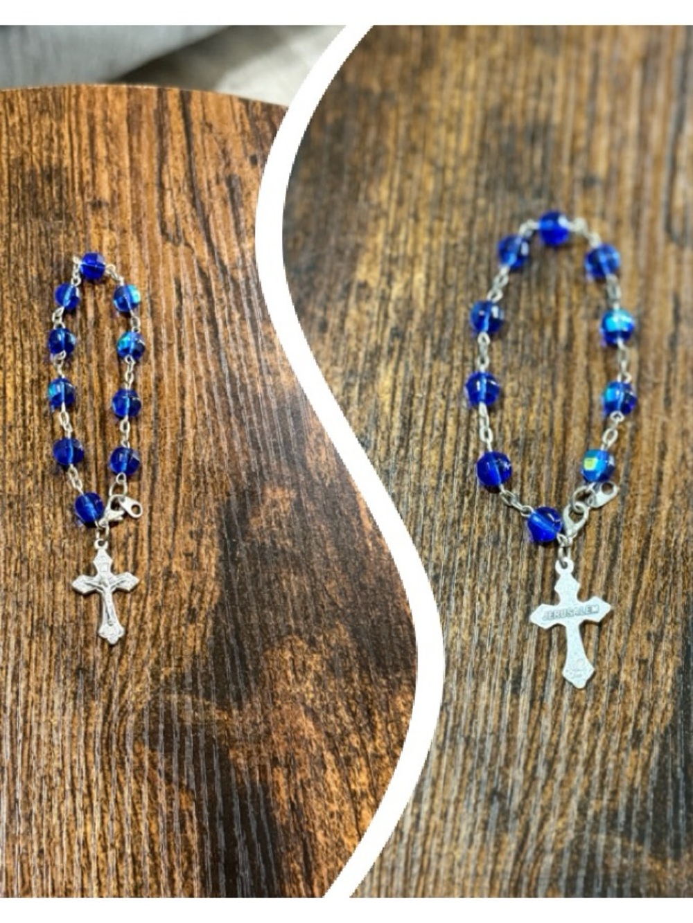 Blue Beaded One Decade Rosary Bracelet with Silver Cross